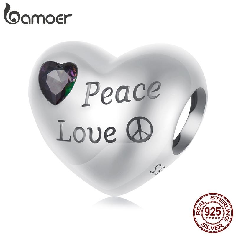 BAMOER 925 Sterling Silver Peace Charm Anti War Charm Peace & Love Silicone Safety Chain Fit Original Bracelet Necklace DIY Gift