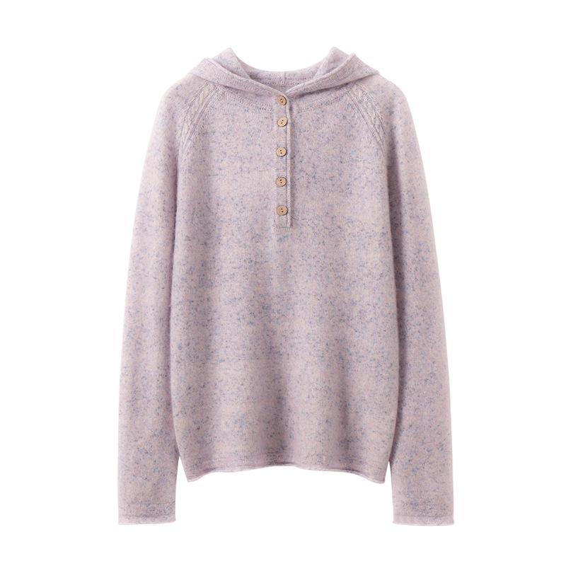 Lekasha 100% Pure Cashmere Hooded Button-Up Knitted Sweatshirt
