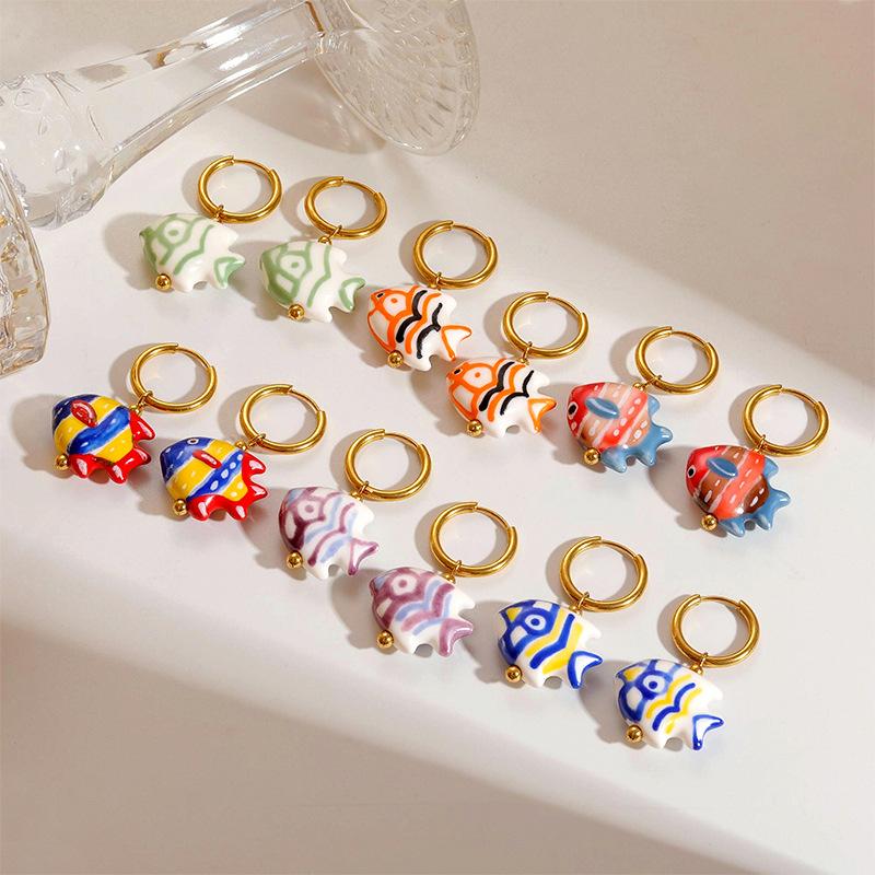 Ceramic Dopamine Fish Starfish Earrings For Women Colorful Vibrant Pendant Youthful Stainless Steel Jewelry Gift