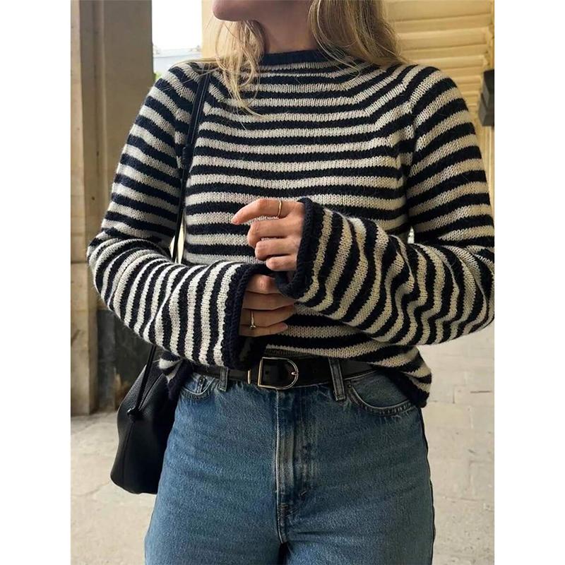 Autumn and Winter New Product Simple Contrasting Color Striped Round Neck Knitted Pullover Long Sleeved Elegant Sweater