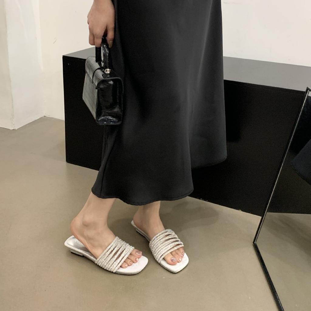 Fashion Word with Slippers Women's Summer Wear 2025 New with Skirt Rhinestone Low Heel Open Toe Sandals