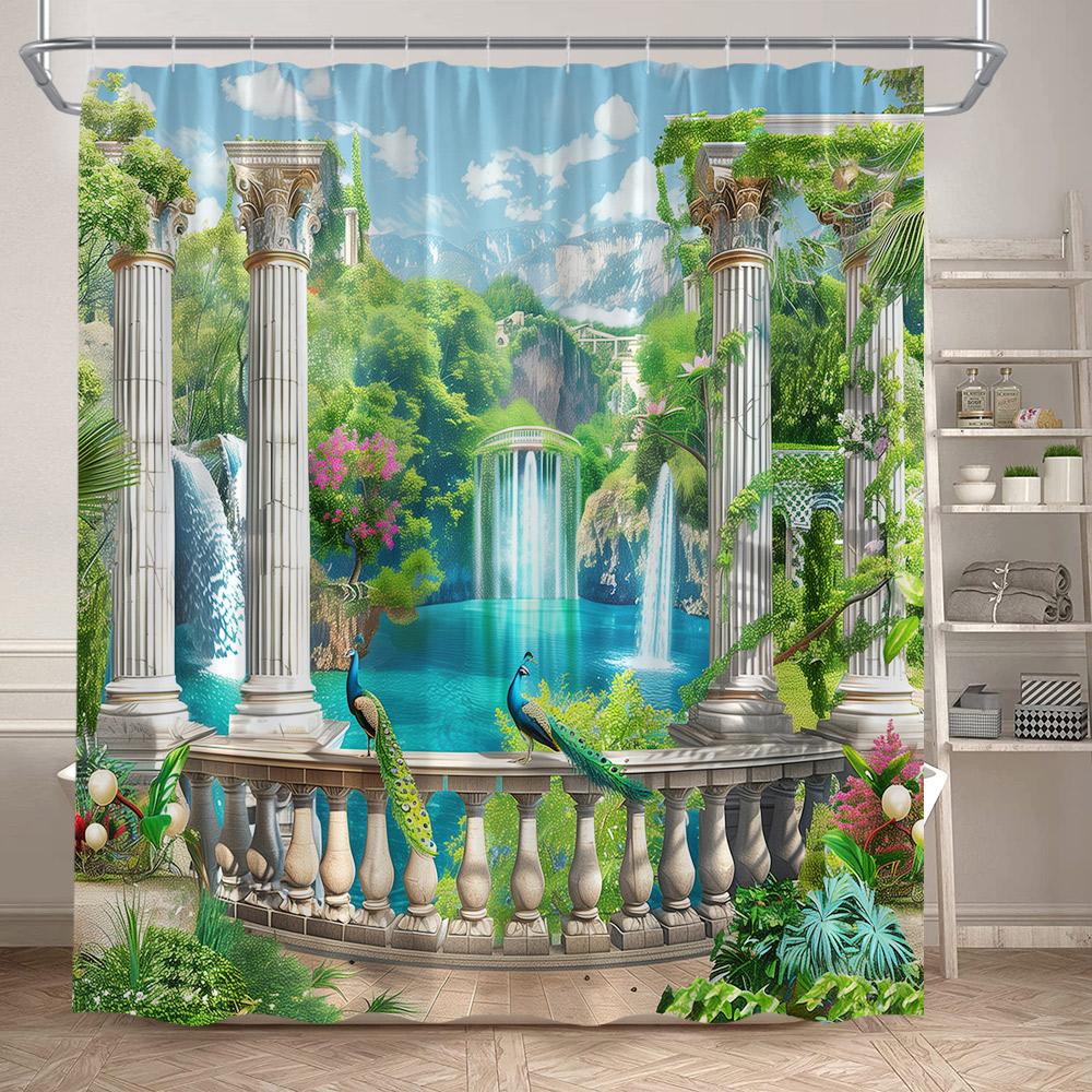 Beach Island Shower Curtain Tropical Palm Leaves Plants Flowers Parrots Blue Ocean Scenery Bathroom Curtains Fabric Home Decor