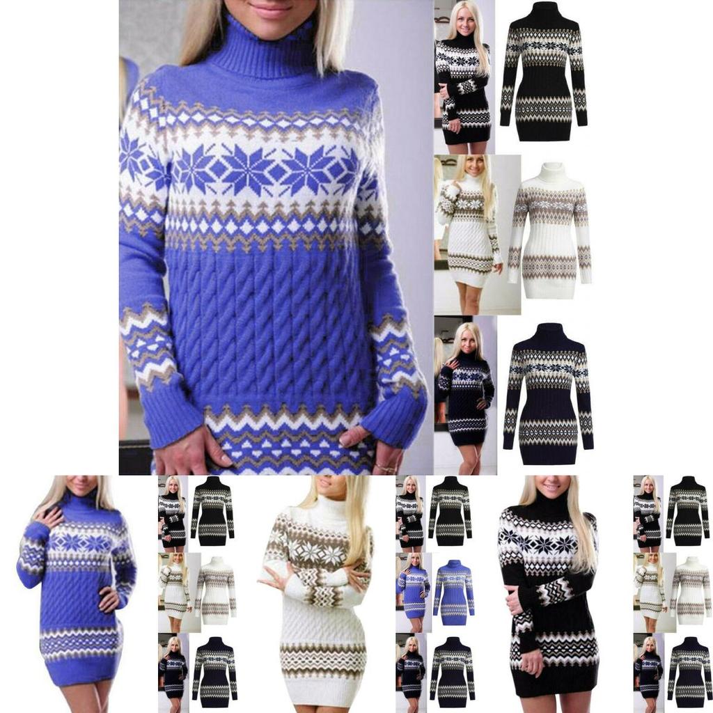 Elegant Christmas Woman Turtleneck Sweater Dress With Festive Snowflake Pattern