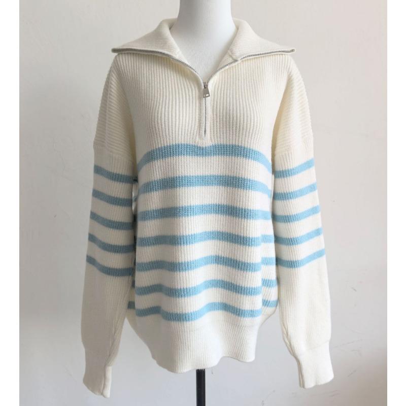 Vintage Striped Loose Commuter Half Zipper Lapel Pullover Sweater Autumn and Winter Women's New Knitted Sweater