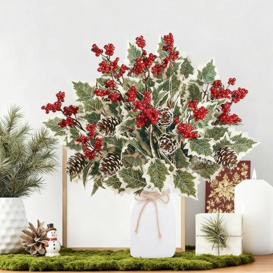 6Pcs Artificial Plants with Holly Berries Pine Cones Faux Greenery Branch Fake Red Berries Green Plants Stems Christmas Holiday Party Decoration