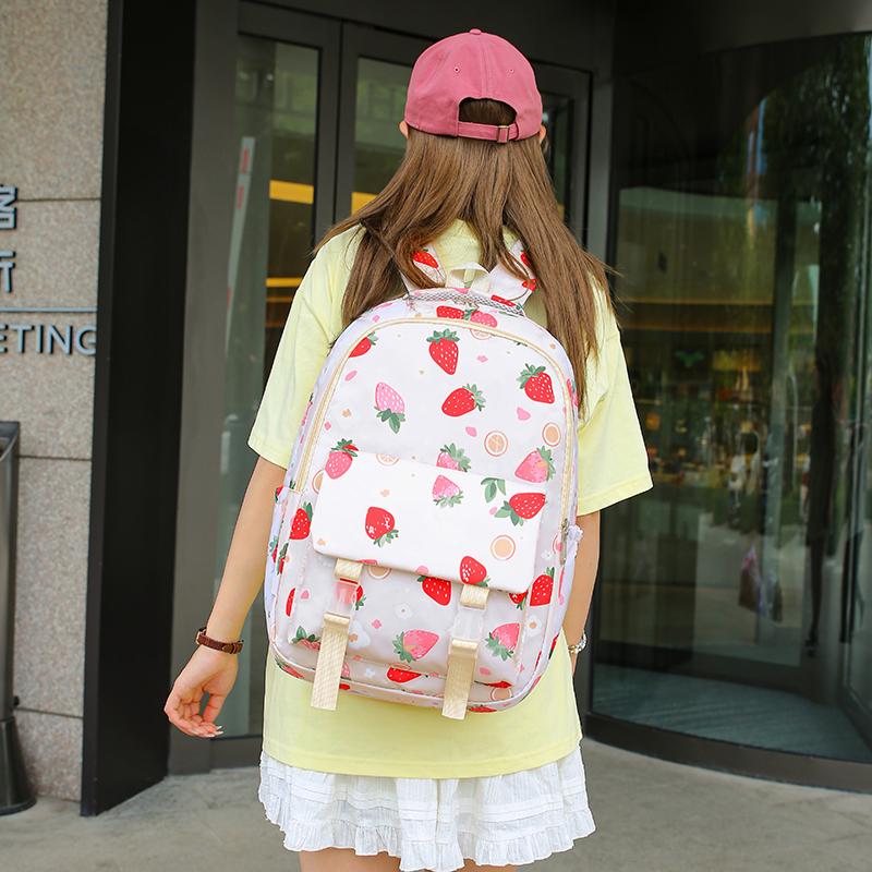 Strawberry Print Backpack Set Student Three-Piece Schoolbag Women's Large Capacity Water-Repellent Graffiti Backpack