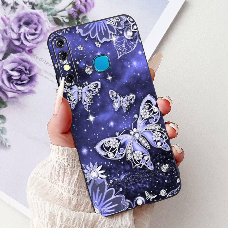 For Infinix Hot 8 Phone Case Hot 8 Lite Hot8 X650 X650C X650B X650D Elegant Floral Cat Pattern Black Silicone Soft TPU Cases