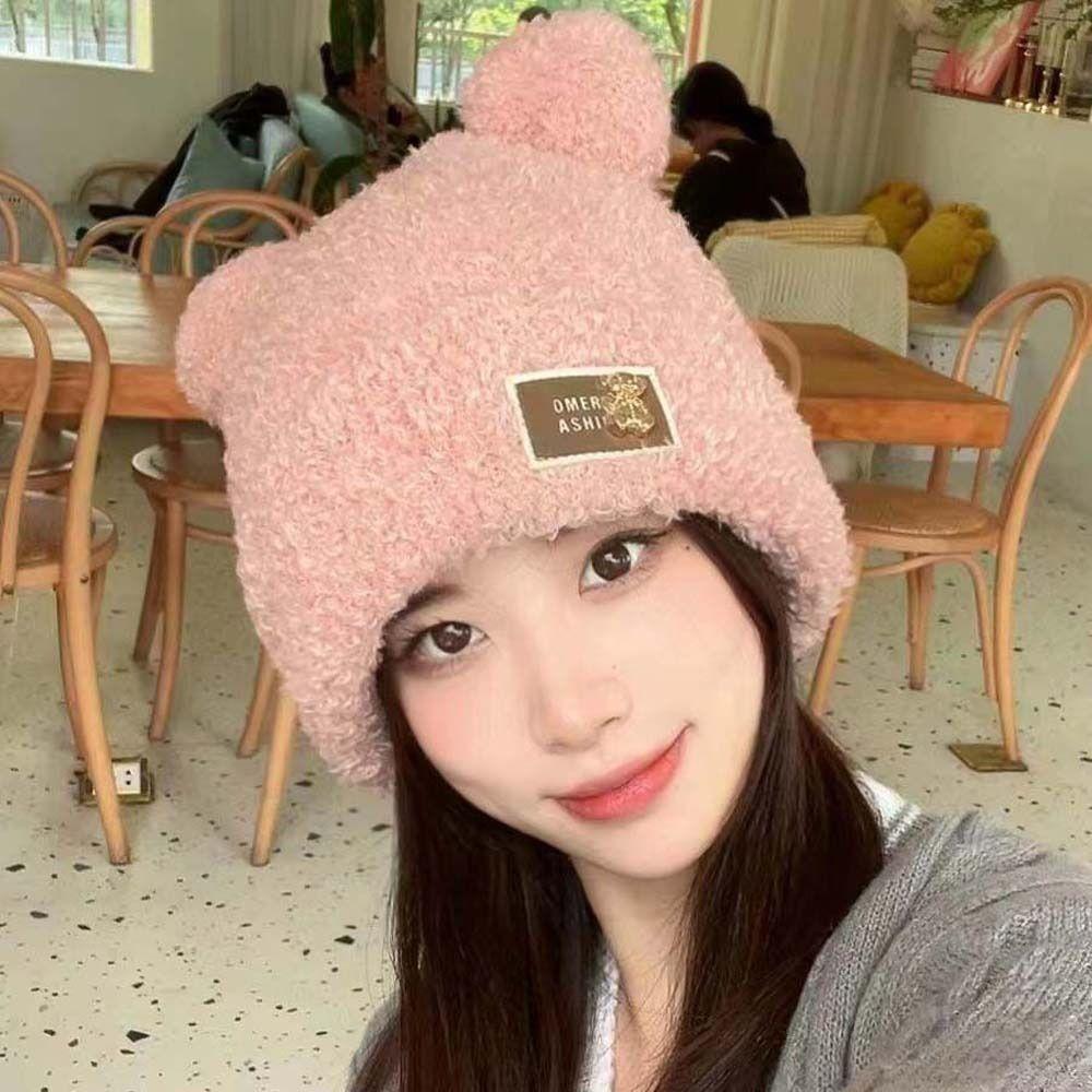 Cartoon Cat Ear Skullies Bear Ear Winter Cap Ins Plush Bear Beanies  Streetwear