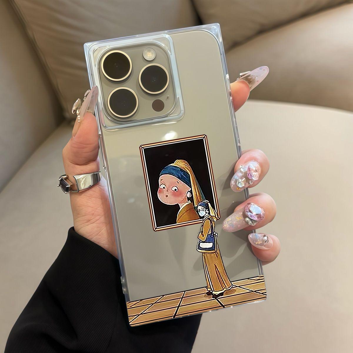 

Square Back Tube Protection Clear Case For iPhone 11 14 Pro Max 13 16 ProMax 12 15 Plus Anti-Oxygen,Pearl Earrings Girl Pattern Casing iphone 11 ProMax