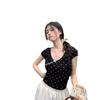 Sweet and Spicy French Design Polka Dot V-neck Short-sleeved T-shirt Women's Bow Summer Dress New Slim-fit Short Spice Girl Top