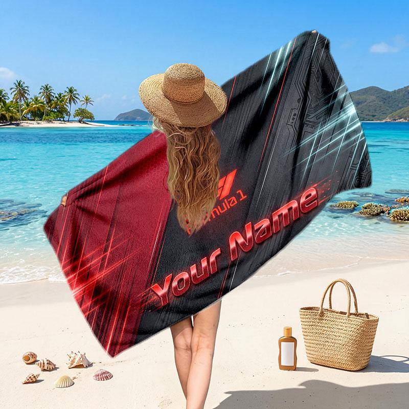 Asciugamano da Spiaggia Personalizzato con Testo Nome F1, Asciugamano Morbido Assorbente per Spiaggia Piscina Viaggio Regalo Personale