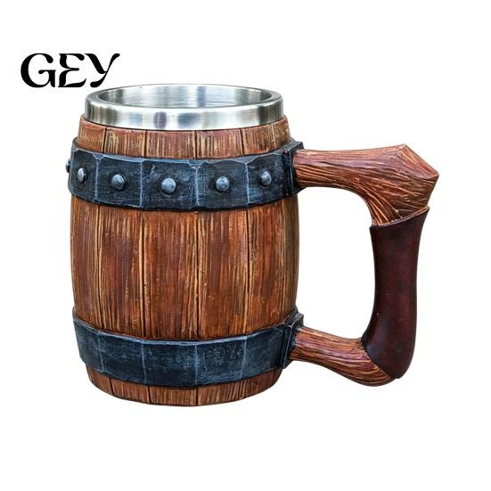 Rustic Wood Grain Beer Cup Barrel Mug, 600ml Stainless Steel Liner Stein, Insulated Mug Tankard for Pub Home Bar Party Gift