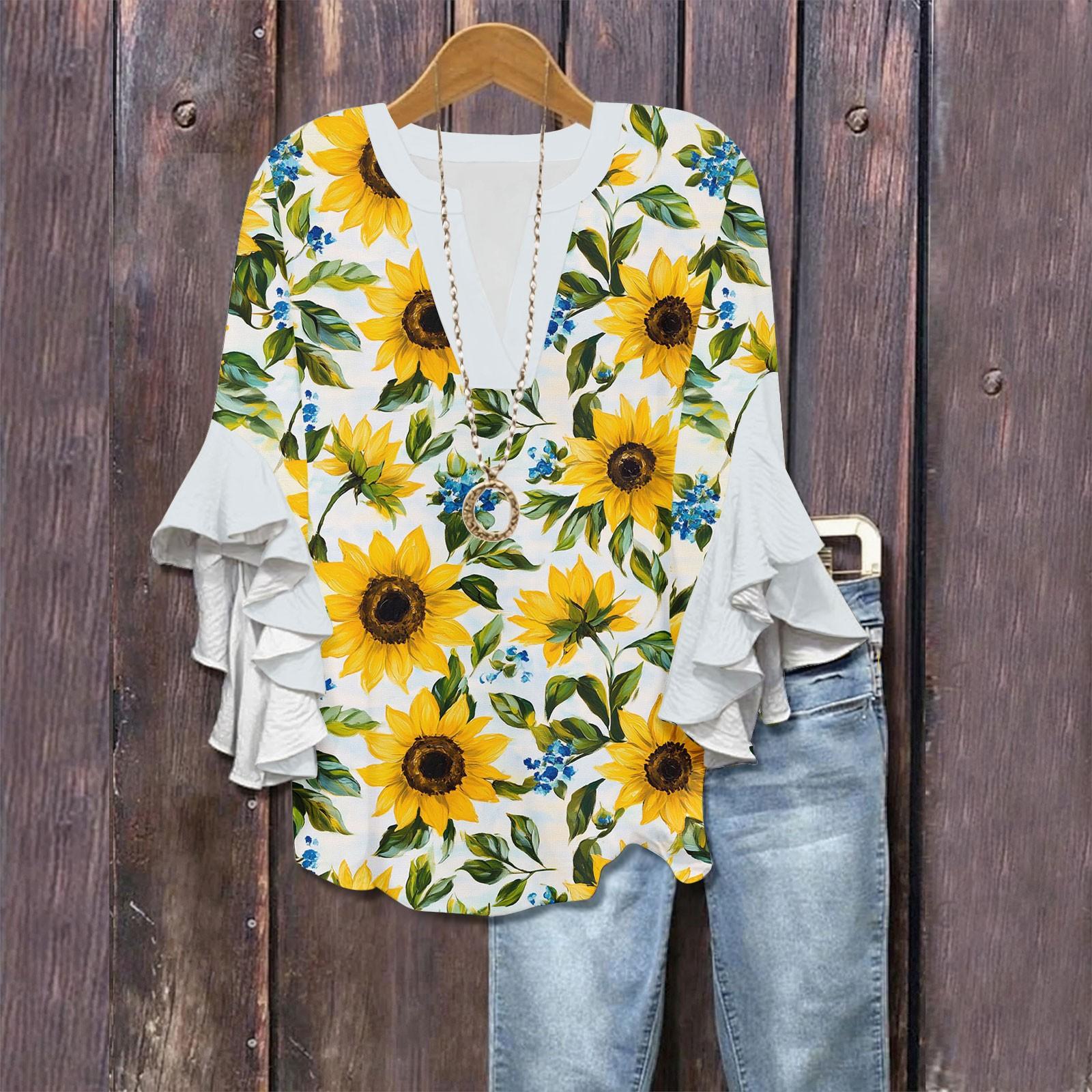 

Сорочки з рукавом 3/4 для жінок Милі футболки з графічним принтом Блузки Повсякденні великих розмірів Базові топи з рукавами-рюшами Пуловер XL жовтий