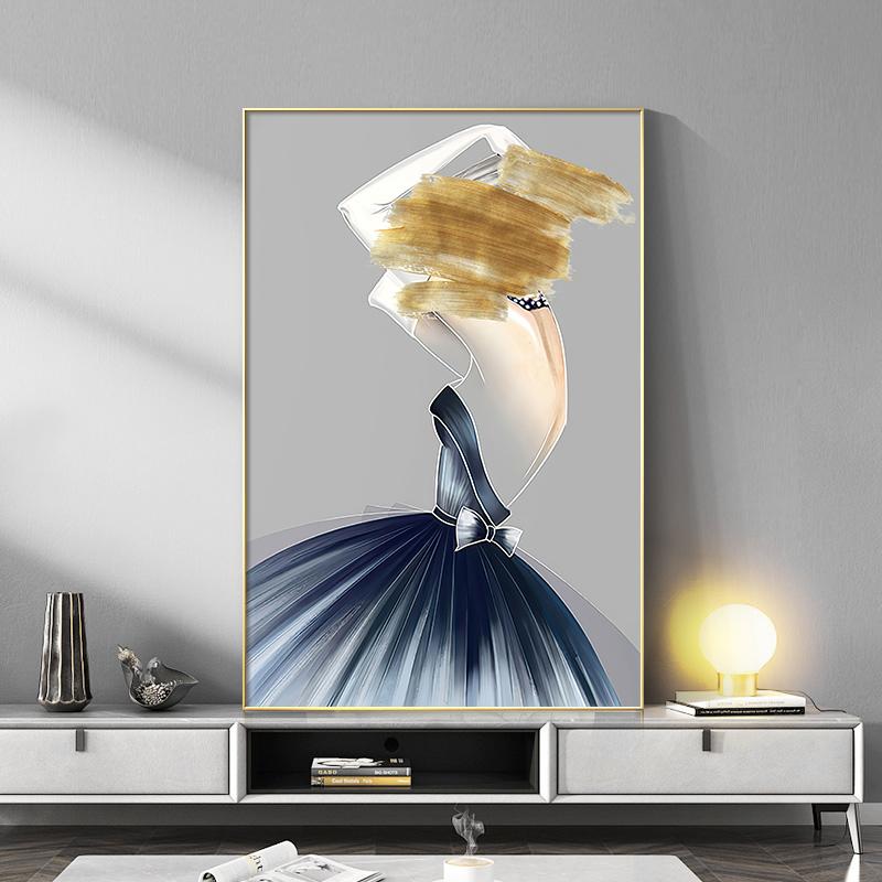 Plagát Plagát z moderného umenia Golden Blue Woman s pierkom Geometrické abstraktné nástenné obrazy pre domácu výzdobu obývacej izby
