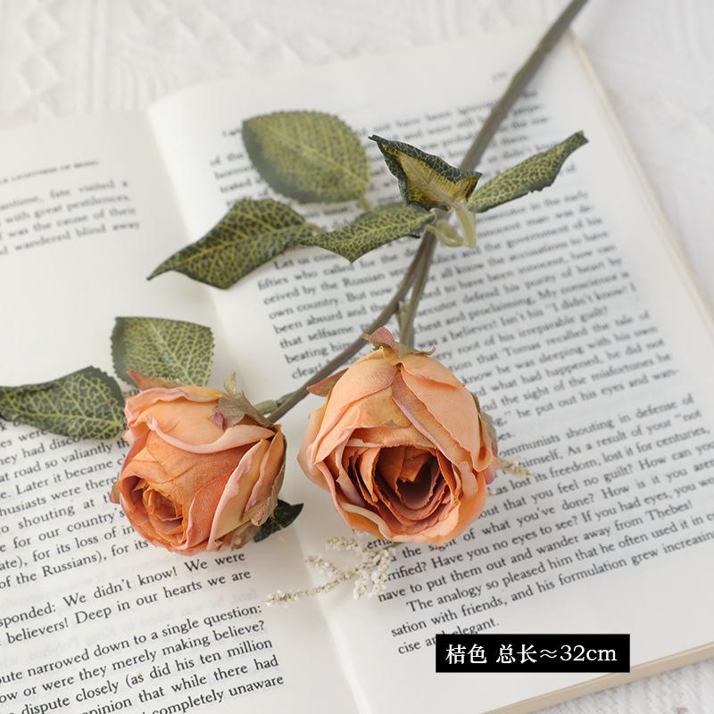 Simulated Single Branch Retro 2 Head Burned Edge Rose Advanced Fake Flower Home Wedding Decoration Vase Ornament Photo Props 3pcs