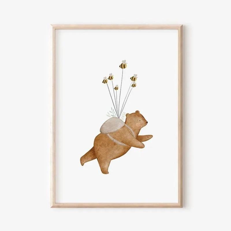 Boho Cartoon Farm Animals Wall Art Canvas Painting Rabbit Bear Bee Flower Posters and Prints Pictures for Baby Kids Room Decor
