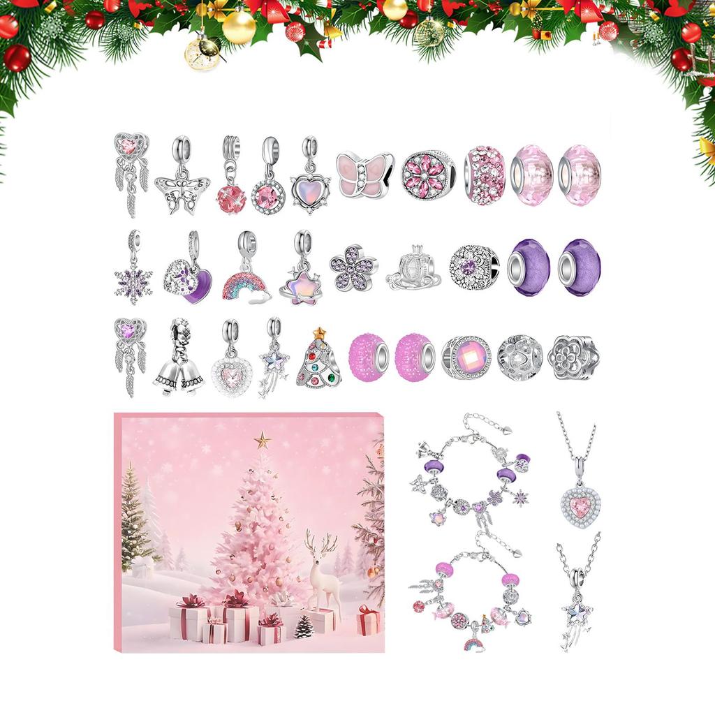 Christmas Countdown Advent Calendar Charm Bracelets Jewelry Making Kit With 29 Charm Beads And 2 Bracelets Festive Party Favors