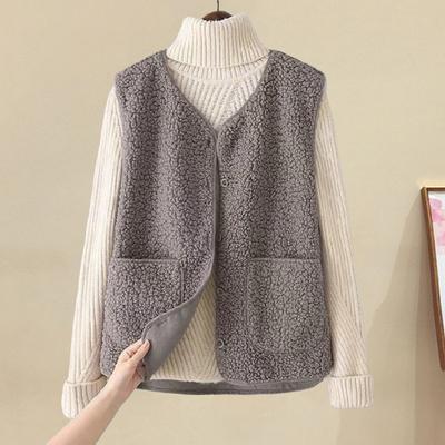 Winterjacke für Damen, Lagenlook, dünn, gepolstert, mit Druckknopfverschluss, V-Ausschnitt, dünner Plüsch, ärmellos, einfarbig, wärmespeichernd, Outdoorjacke