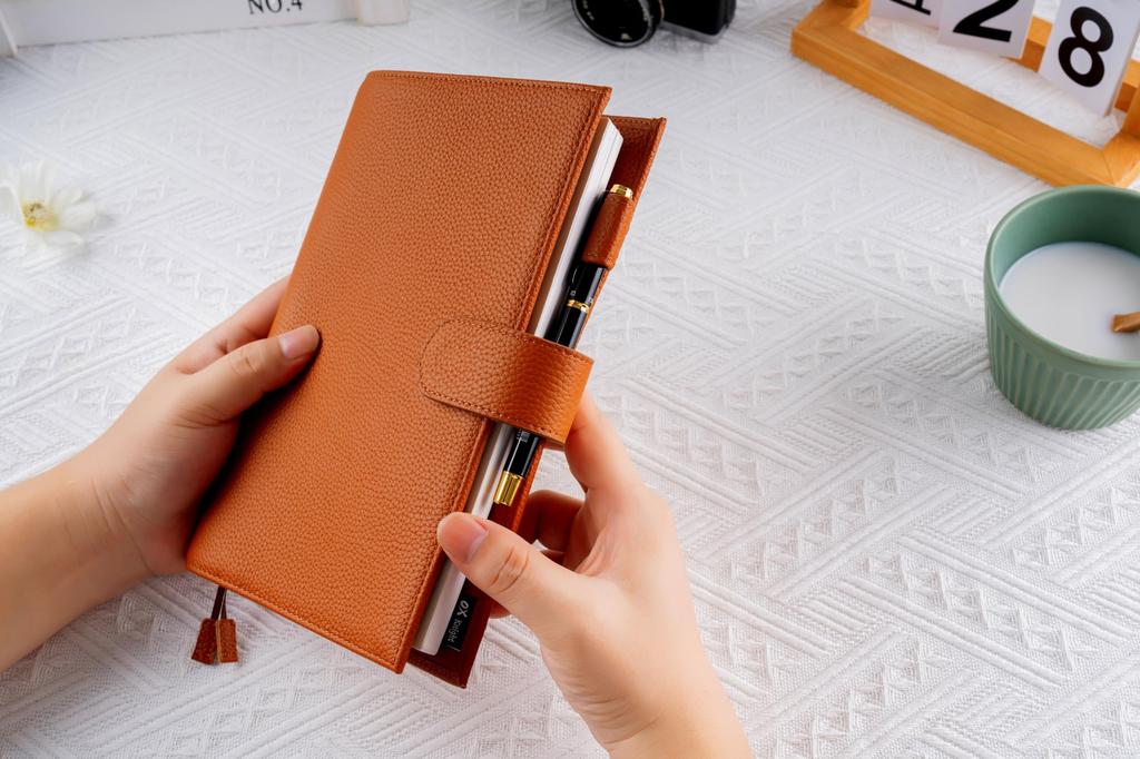 A5 Genuine Leather Notebook Compatible with Hobonichi Premium Planner Cover with Pen Card Bookmark and Snap Business Gift Cover, Cousin, Holder,