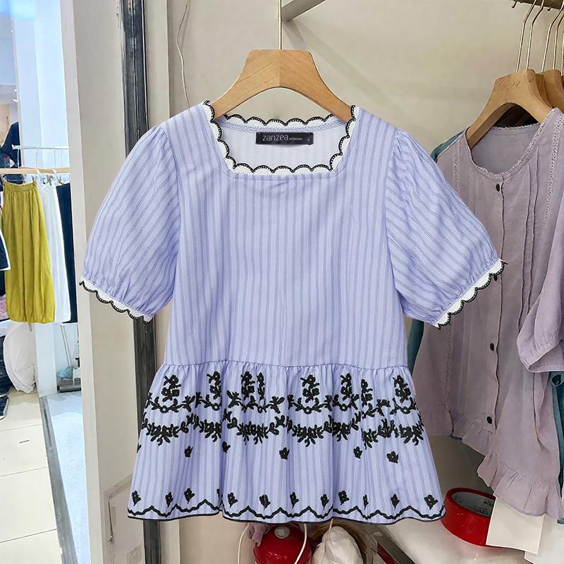 

ZANZEA Женская повседневная летняя блузка в полоску с квадратным вырезом и короткими рукавами 5XL синий