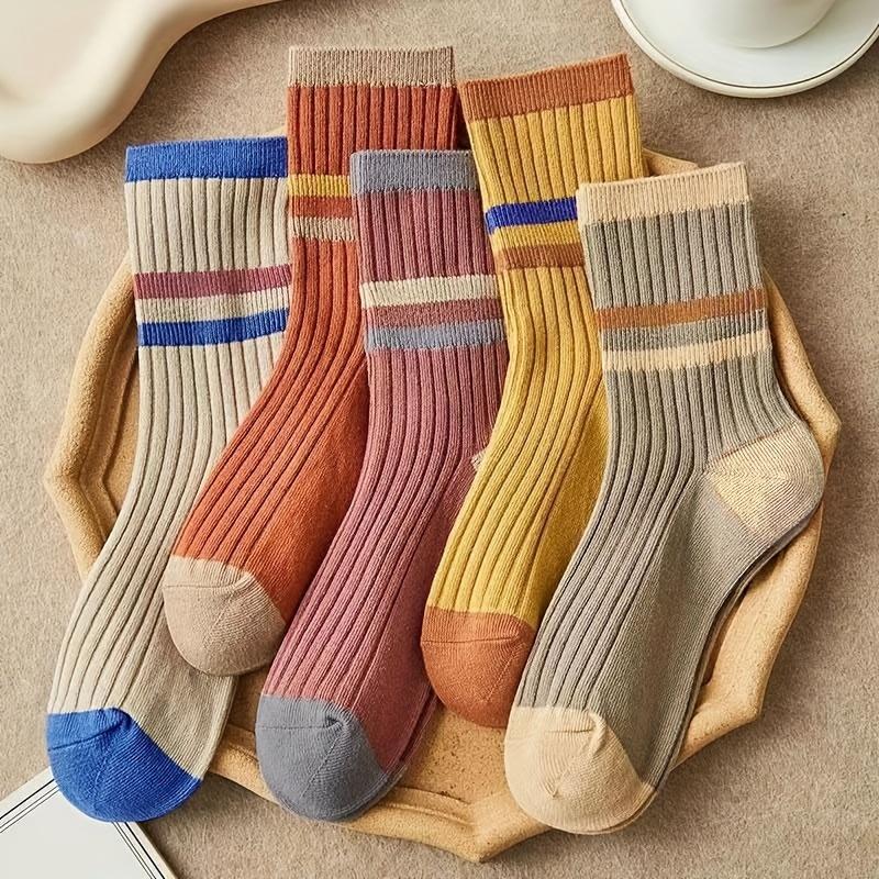 5 Pairs of Striped Versatile Mid Length Socks, Candy Colored Retro Color Blocked Outdoor Socks