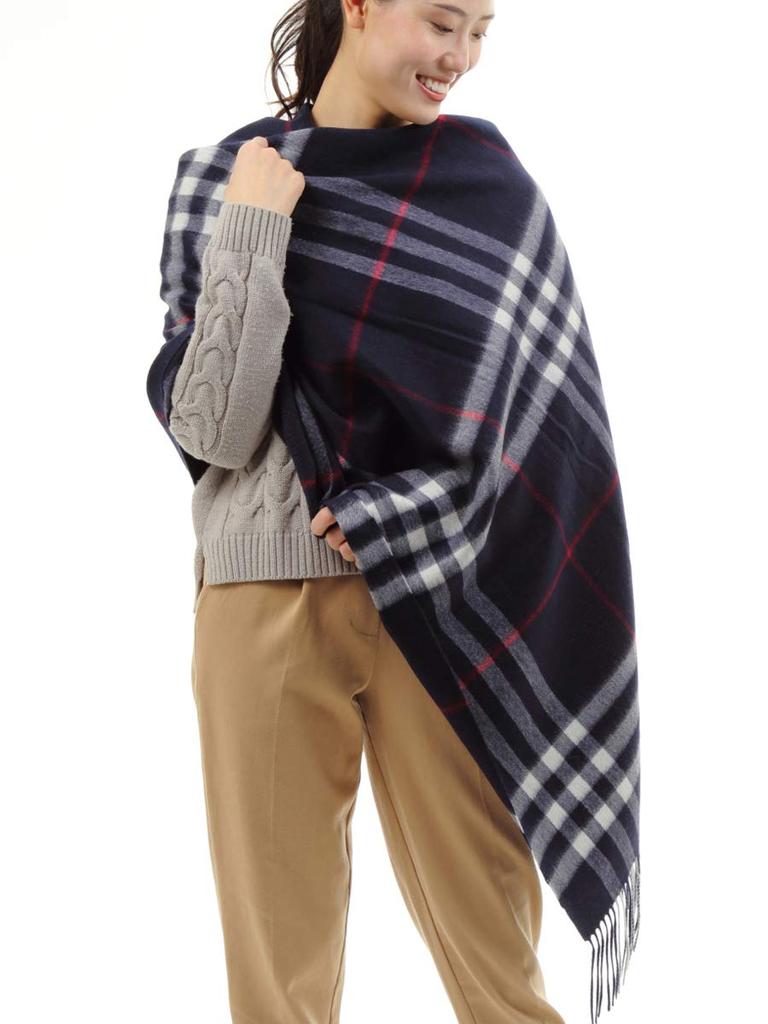 RAINBOW Large Thick Cashmere 70cm Wide X 200cm Long 100% Stole, Plaid, (Navy Check)