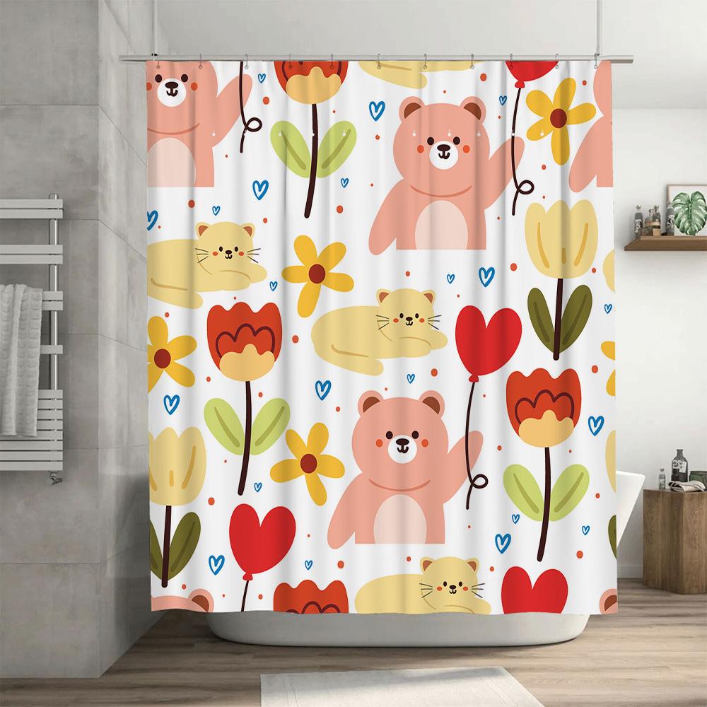 Cortina de Chuveiro para Banheiro com Padrões de Animais Fofos Ideal para Decoração de Quarto Infantil Capa de Tapete de Banheiro Impermeável em Poliéster com Flor Amarela