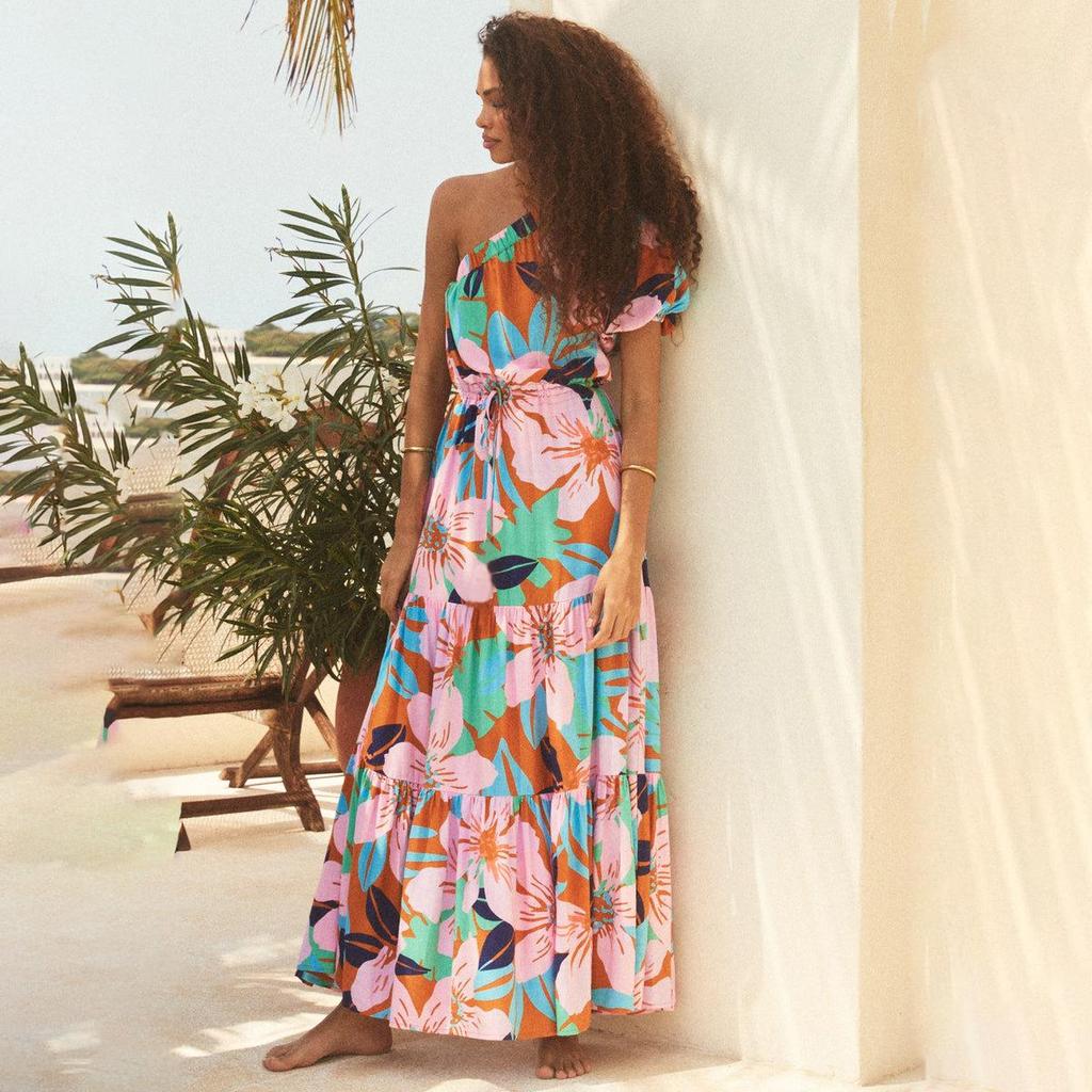 Women Spring Summer Strapless One-Shoulder Print Ankel-Length Dress V-neck High Waist