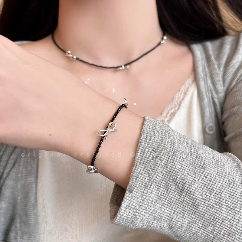 Black Beaded Bow Bracelet Women's Fashion Personality Bracelet Sweet Cool Spice Girl Accessories Hand Accessories