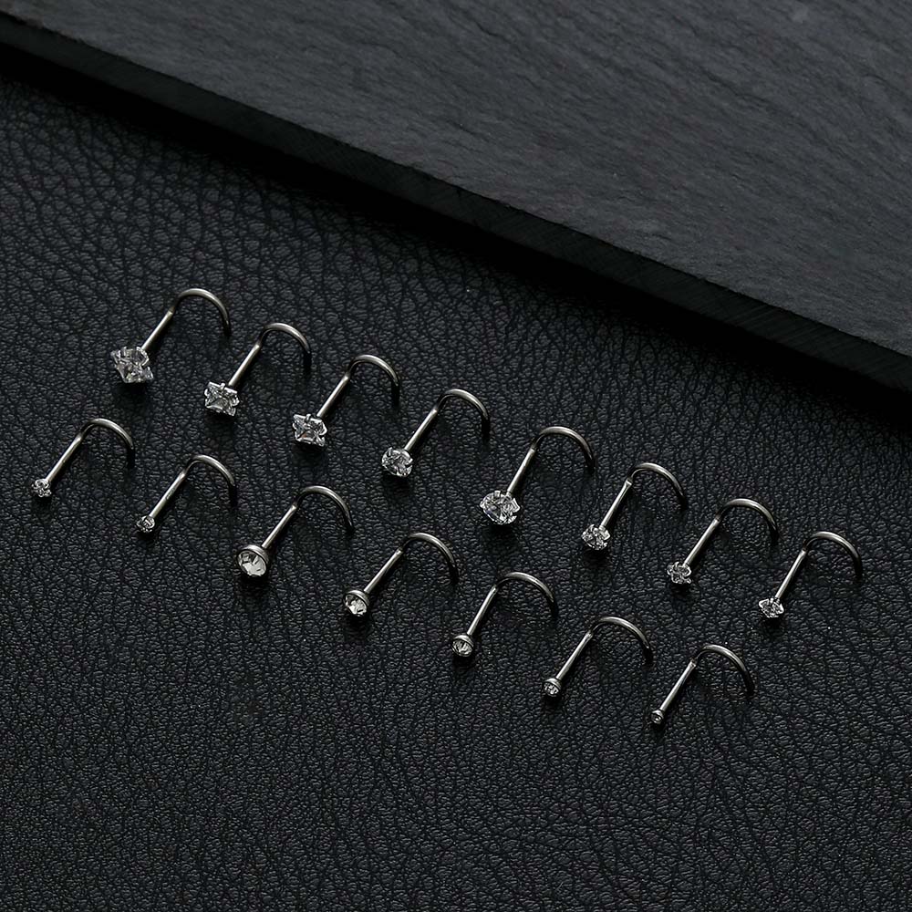 15pcs Stainless Steel L Nose Rings Studs Square Round Diamond CZ Nostril Piercing Jewelry with Zircon Stone for Weddings Gifts