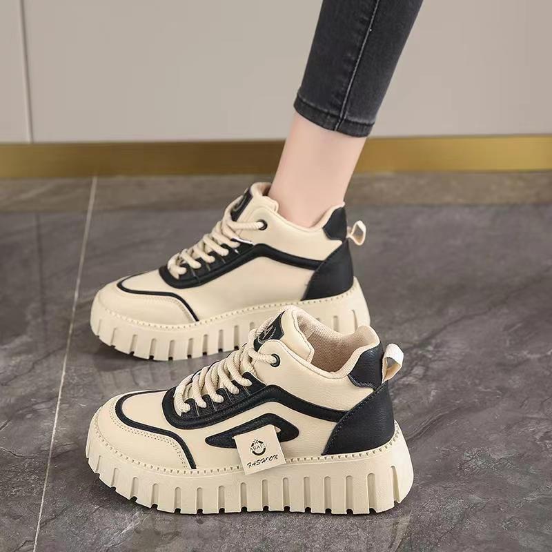 Thick Bottom High-Top Women's Shoes Spring and Autumn New Height Increasing Bread Board Shoes Casual All-Matching Sports White Shoes