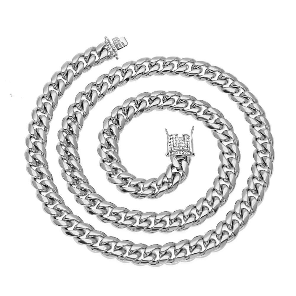 Luxury Heavy Cuban Link Chain Iced Out Rhinestones Triple Lock Stainless Steel Long Necklace Men Hiphop Rapper Jewelry