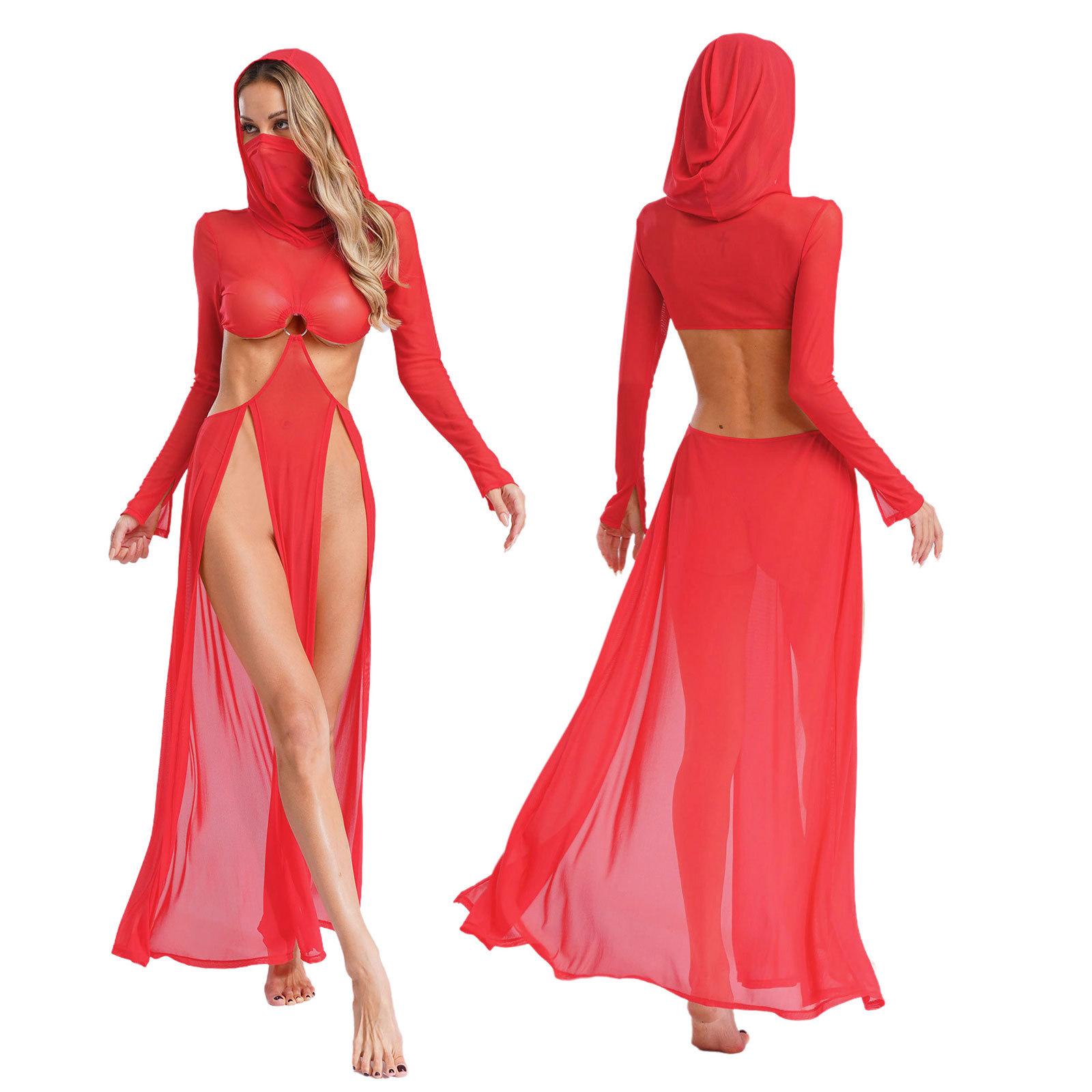 

Hooded Face Mask Mesh Dress Women Long Sleeve Hollow Out Cover Up Sexy High Slit Maxi Gown for Halloween Beach Party S