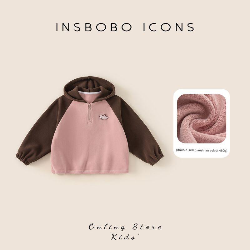 Insbobo Girls  Sweatshirt Boys  2025 Autumn and Winter New Color-Blocking Hooded Top Baby Thickened Winter Clothes Pink 120