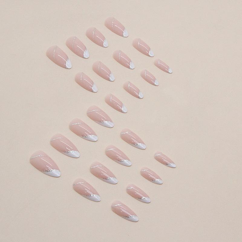 24 Pieces Almond Nail Pure Glitter Powder Beveled Edge French Sweet Girl Gentle Fake Nails Wear Nail Piece Nails