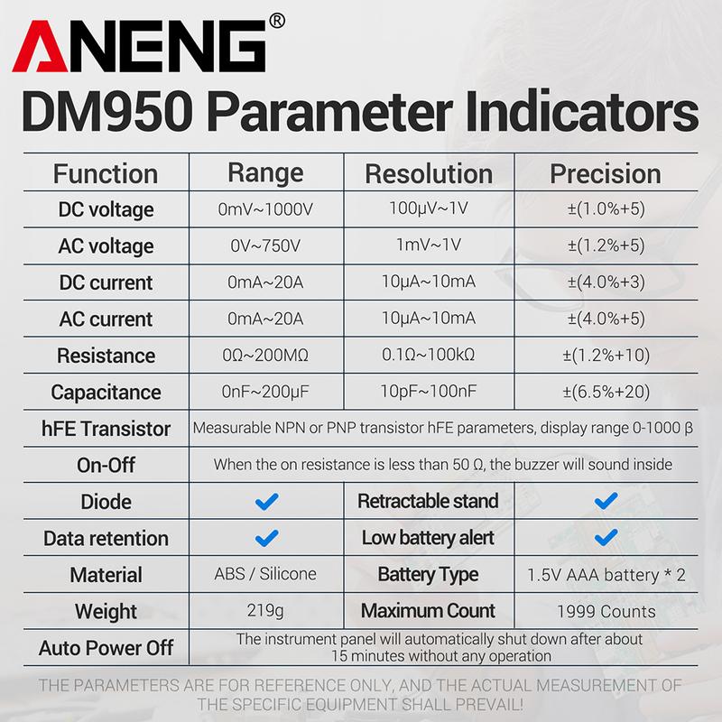Digital Multimeter Smart Tester ANENG DM950 1999 Count AC/DC Votage Current hFE Transistor Professional Multifunctional Detector