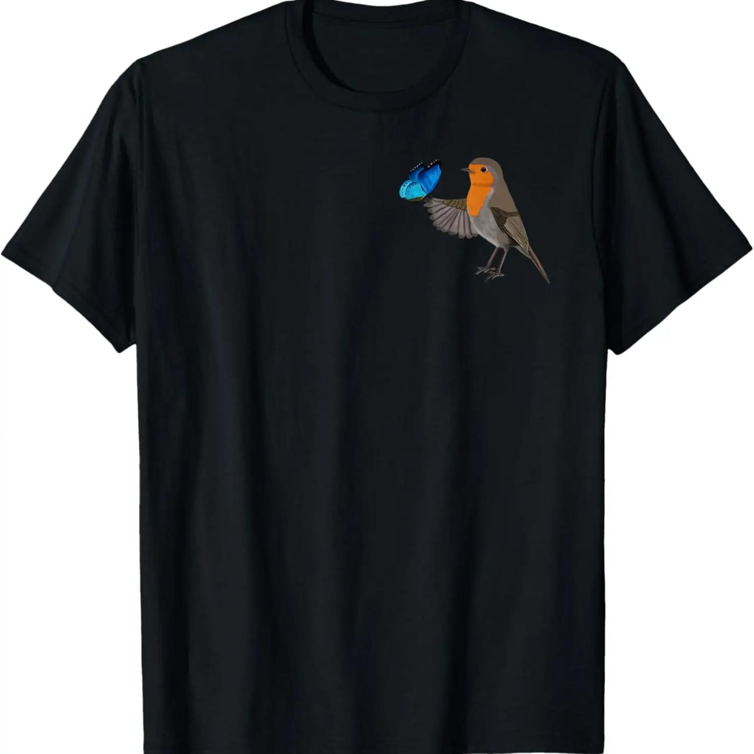 Robin with Blue Butterfly Bird Animal Funny Biologist T-Shirt S чёрный