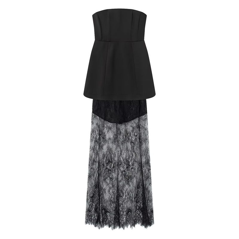Summer Fall Romantic Socialite Senior Sexy Temperament Waist Hugging Tube Top Top + Lace Pure Desire Skirt Two-piece Set