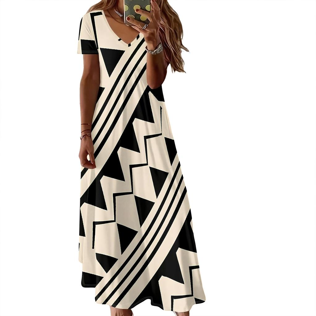 Summer Women's Short Sleeved V-neck Long Dress, 3D Fashionable Printed Pattern Dress, Casual Vacation Style.
