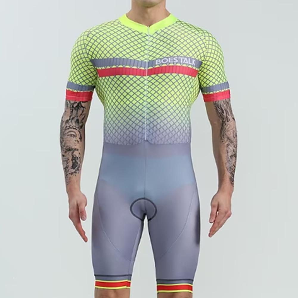 BOESTALK Men's Short-sleeved Triathlon Onesie Tights Green Striped Patchwork Polka Dot Cycling Suit