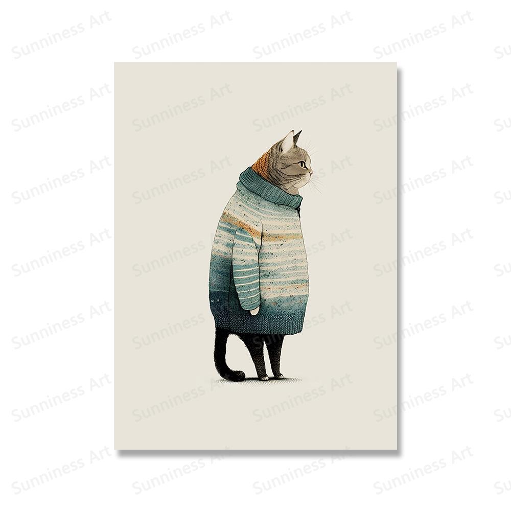 Minimalist Fat Gray Cat in Sweater Posters Modern Cute Trendy Funny Cat Wall Art Canvas Painting For Living Room Home Decoration