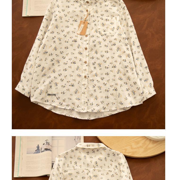Spring Yuanbao Collar Floral Print Double Layer Gauze Cotton Shirt - Women's Loose Cotton Linen Style