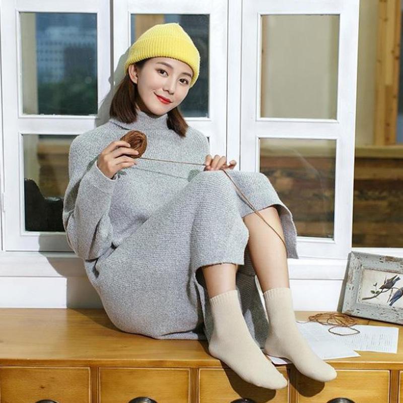 5/10 Par Wygodne Codzienne Jesienno-Zimowe Damskie Skarpety Pętelkowe Średniej Długości w Jednolitym Kolorze Damskie Grube Ciepłe Skarpety z Wełny Króliczej z Podszewką z Polaru