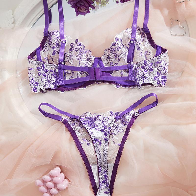 New French Sexy Pure Desire Erotic Underwear Hollow Ultra-thin Lace Perspective Flower Embroidery Erotic Set