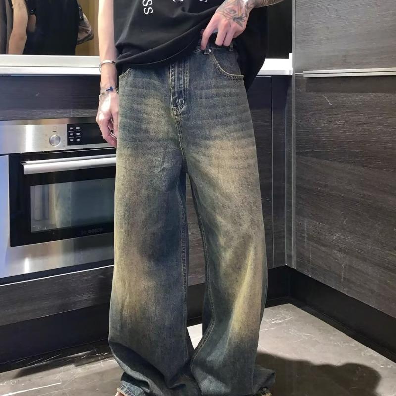 Men's Slim Retro Yellow Mud-Dyed Straight Jeans for Autumn
