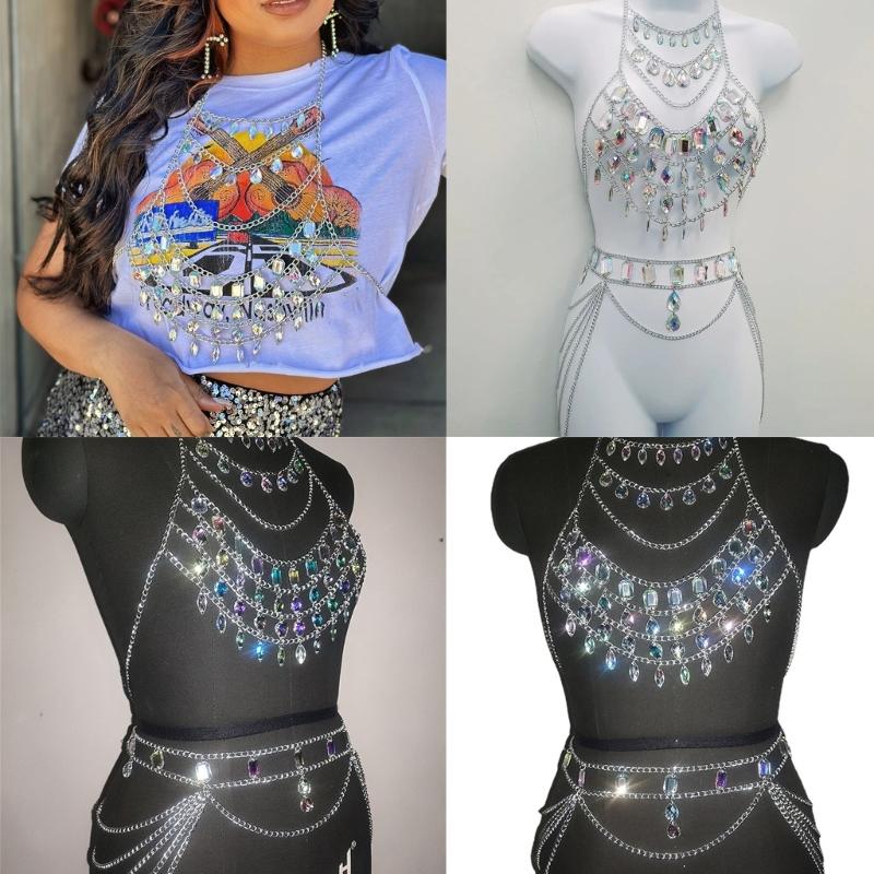 Rhinestones Body Chains Beach Bikini Bra Top Crystal Chest Chains Wasit Body Jewelry Accessories for Women Girls Gifts