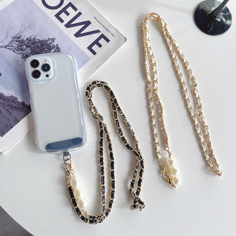 Light Luxury Pearl Leather Rope Electroplated Metal Mobile Phone Lanyard Messenger Chain Neck Decoration Diy Accessories Advanced Sense