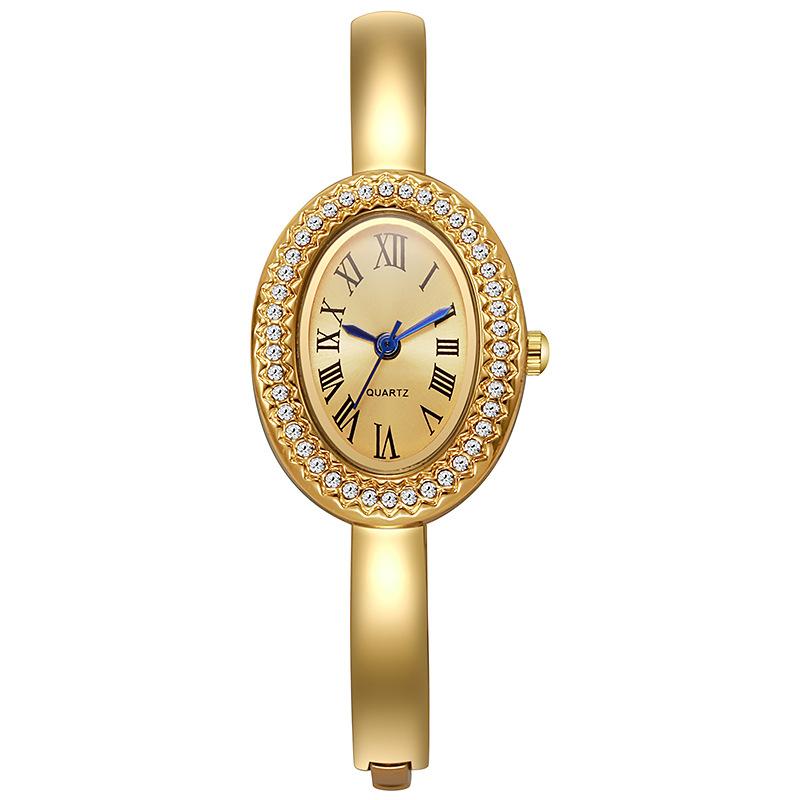 Elegante Damen Ovales Armbanduhr Kristalllünette Goldfarben Quarz Armbanduhr Damen Kleideruhr goldgelb