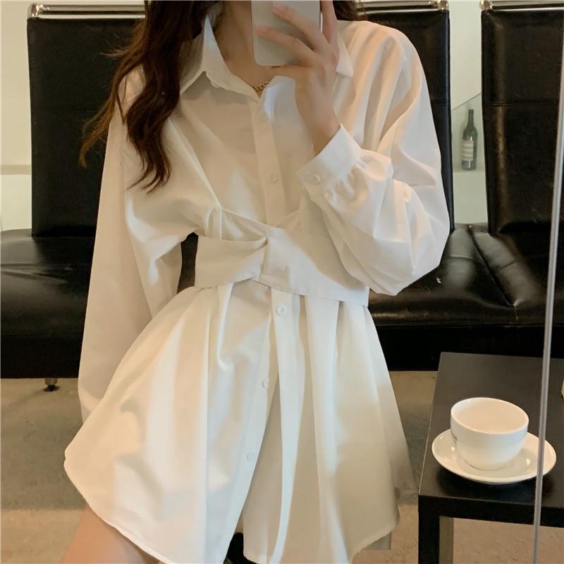 Women's Elegant Slim-Fit Long-Sleeve Shirt Dress: Waist-Cinching, Irregular Hem, French Style for Spring and Autumn