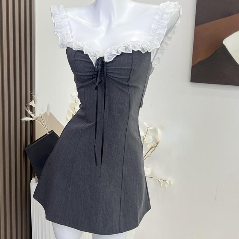 2023 frauen Sommer Off Schulter Mini Kleid Sexy Elegante Vintage-Mode Party Club Ärmelloses Grau Kleid Weibliche Einteilige Kleider